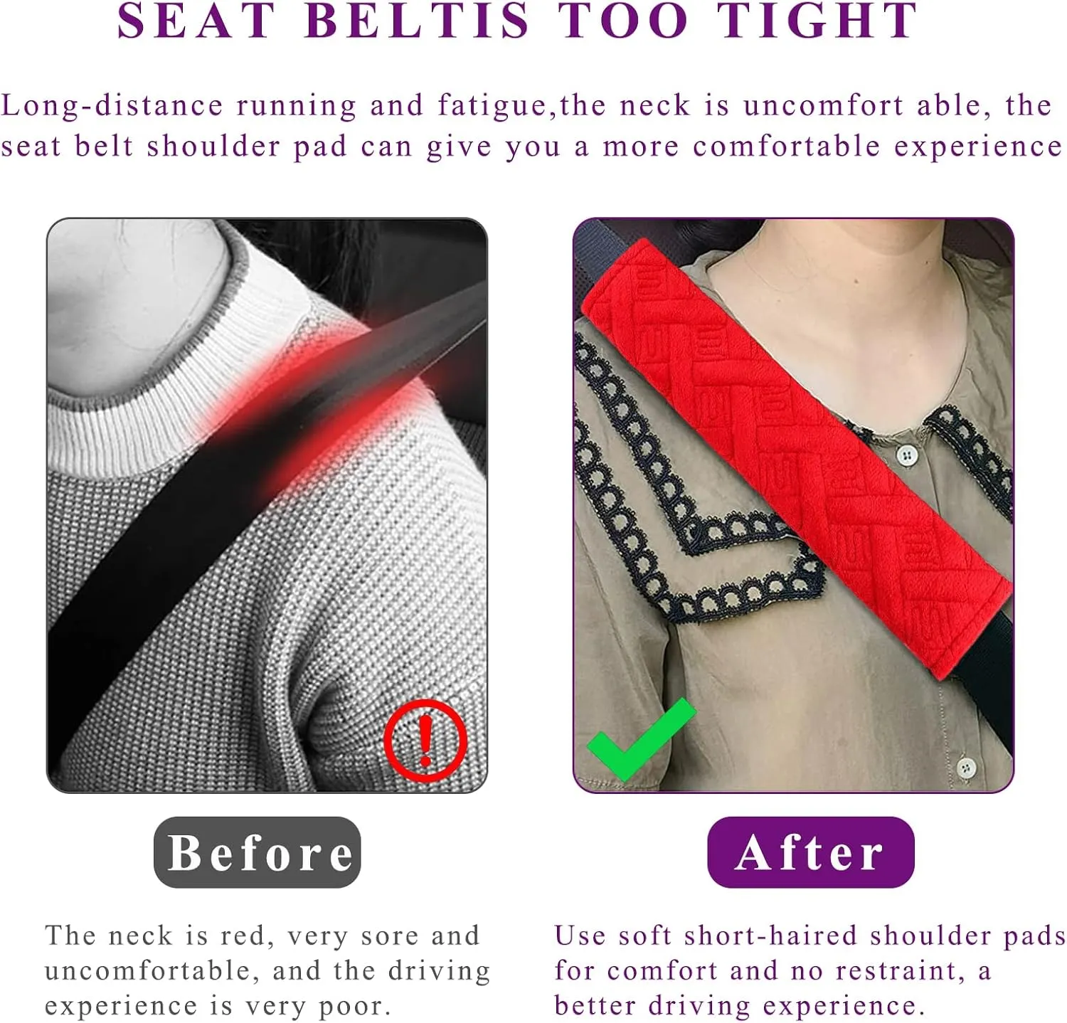 2 PCS Car Seat Belt Pads Cover, Soft Comfortable Safe Belt Shoulder Strap Covers Harness Pad Helps Protect Your Neck and Shoulder, Universal Interior Accessories for Most Vehicles (Red)