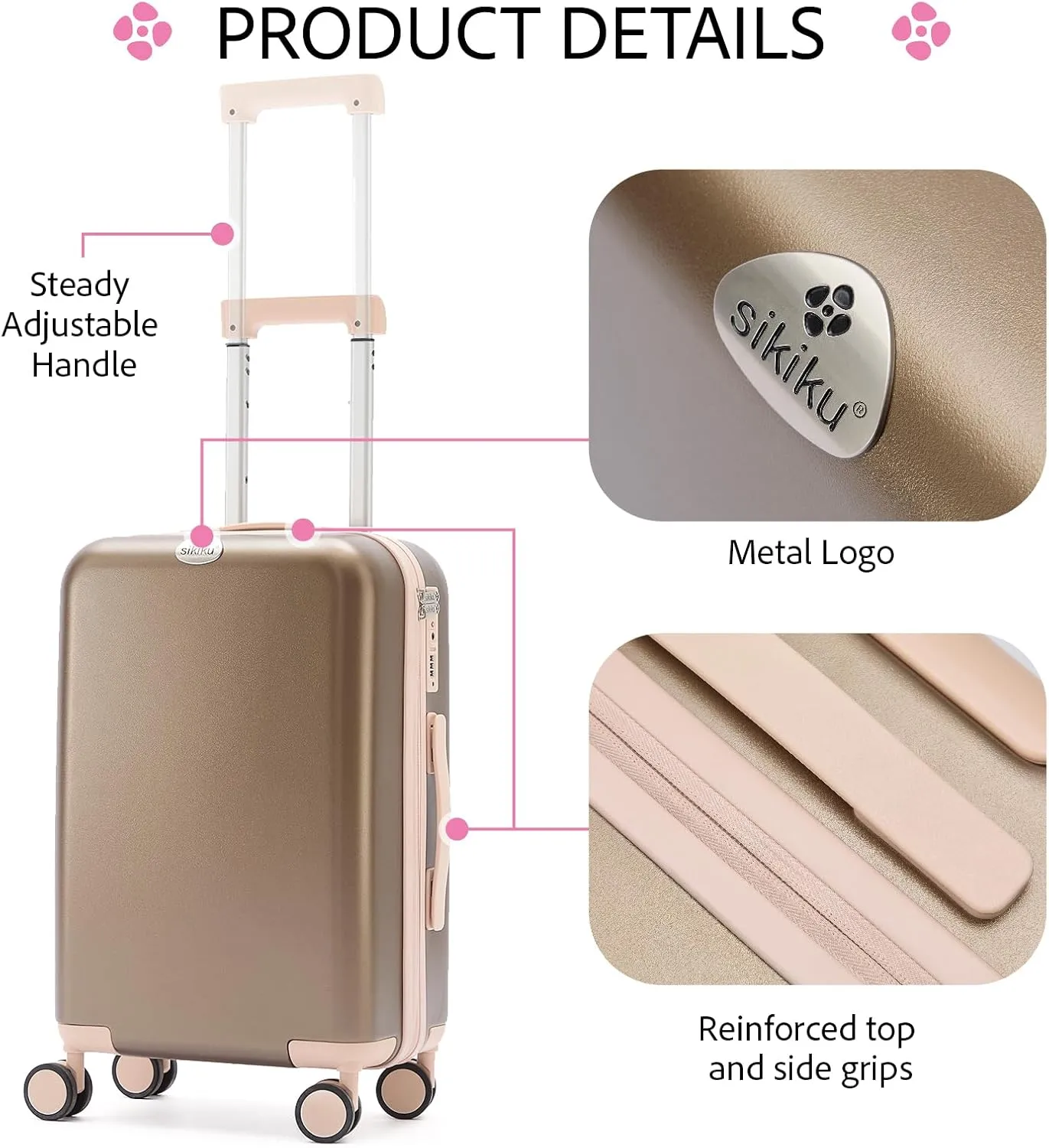 20 Inch Carry On Luggage for Women, Lightweight Hardside Suitcase with 360 Spinner Wheels, TSA Lock, Durable Luggage for Travel, Titanium Gold