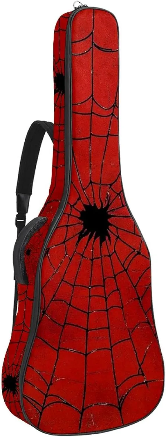 Acoustic Guitar Bag, Soft Guitar Case with 2 Pockets and Back Hanger Loop for 40 41 42 Inch Electric Bass Classical Guitars, Red & Black Spider Web