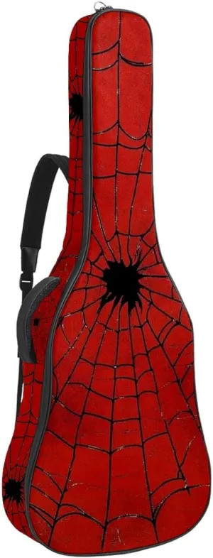 Acoustic Guitar Bag, Soft Guitar Case with 2 Pockets and Back Hanger Loop for 40 41 42 Inch Electric Bass Classical Guitars, Red & Black Spider Web