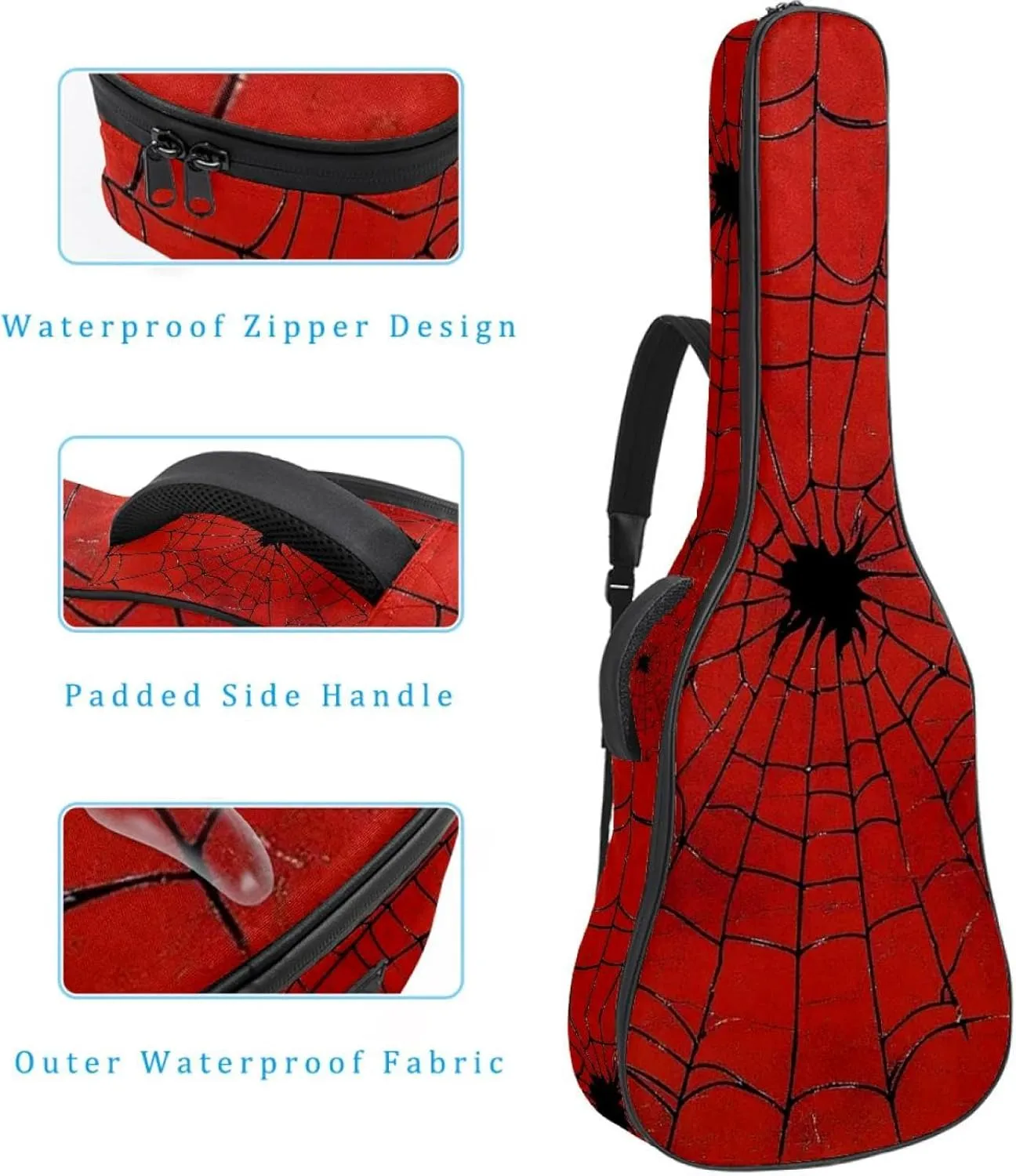 Acoustic Guitar Bag, Soft Guitar Case with 2 Pockets and Back Hanger Loop for 40 41 42 Inch Electric Bass Classical Guitars, Red & Black Spider Web