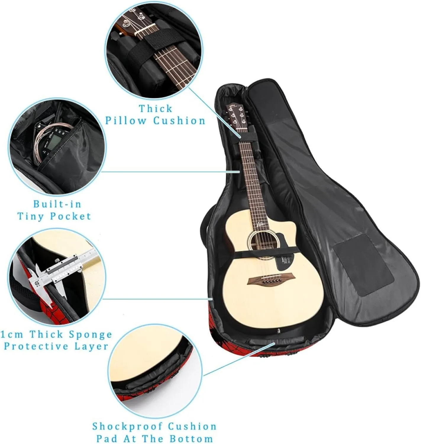 Acoustic Guitar Bag, Soft Guitar Case with 2 Pockets and Back Hanger Loop for 40 41 42 Inch Electric Bass Classical Guitars, Red & Black Spider Web