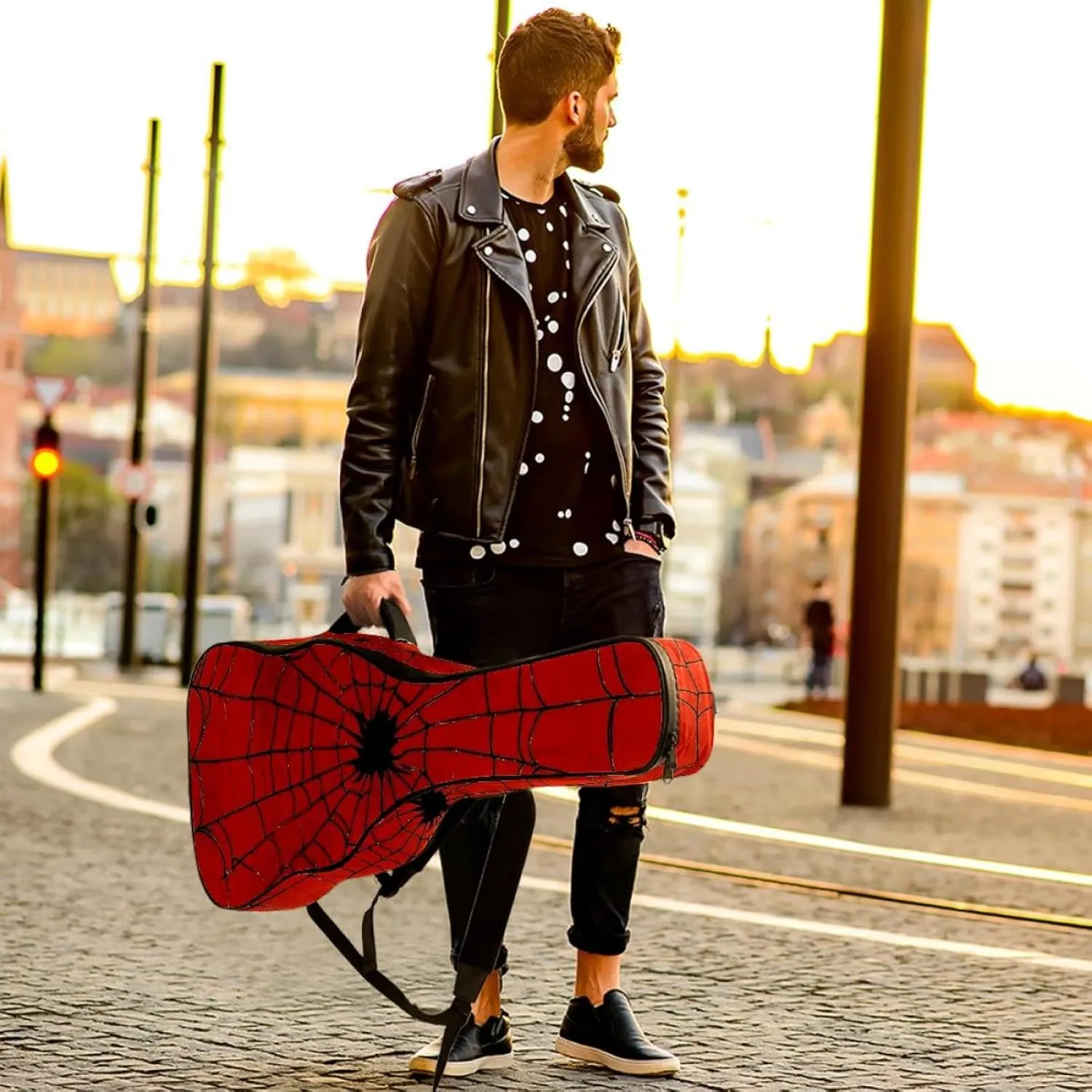Acoustic Guitar Bag, Soft Guitar Case with 2 Pockets and Back Hanger Loop for 40 41 42 Inch Electric Bass Classical Guitars, Red & Black Spider Web