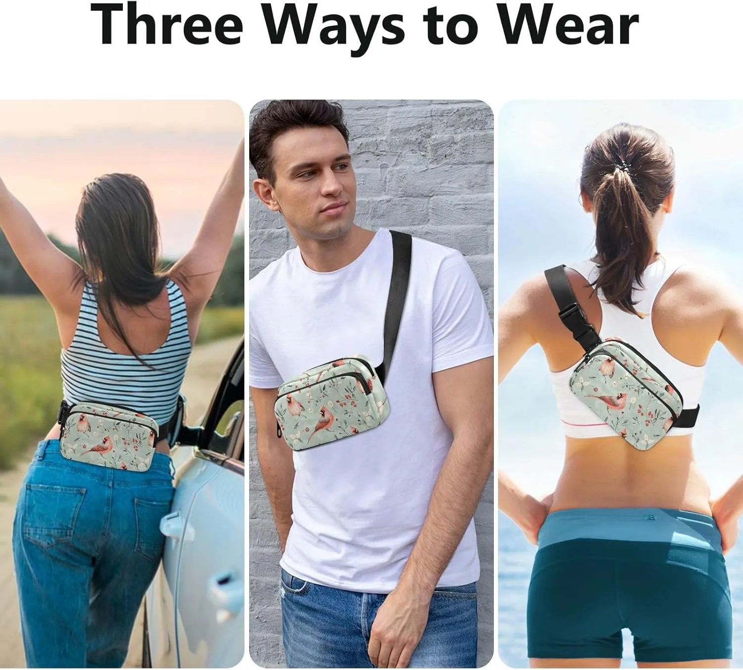 Aesthetic Northern Birds Sage Green Trendy Waist Bag Fanny Pack for Women Men Teens Water Resistant Sling Bag Travel Essential with Adjustable Strap for Travel Vacation Running