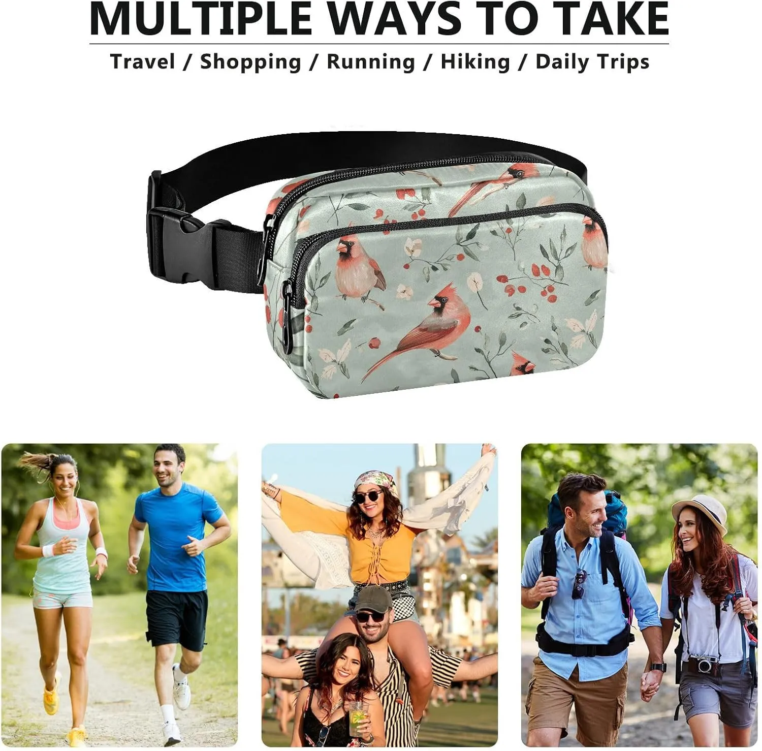 Aesthetic Northern Birds Sage Green Trendy Waist Bag Fanny Pack for Women Men Teens Water Resistant Sling Bag Travel Essential with Adjustable Strap for Travel Vacation Running