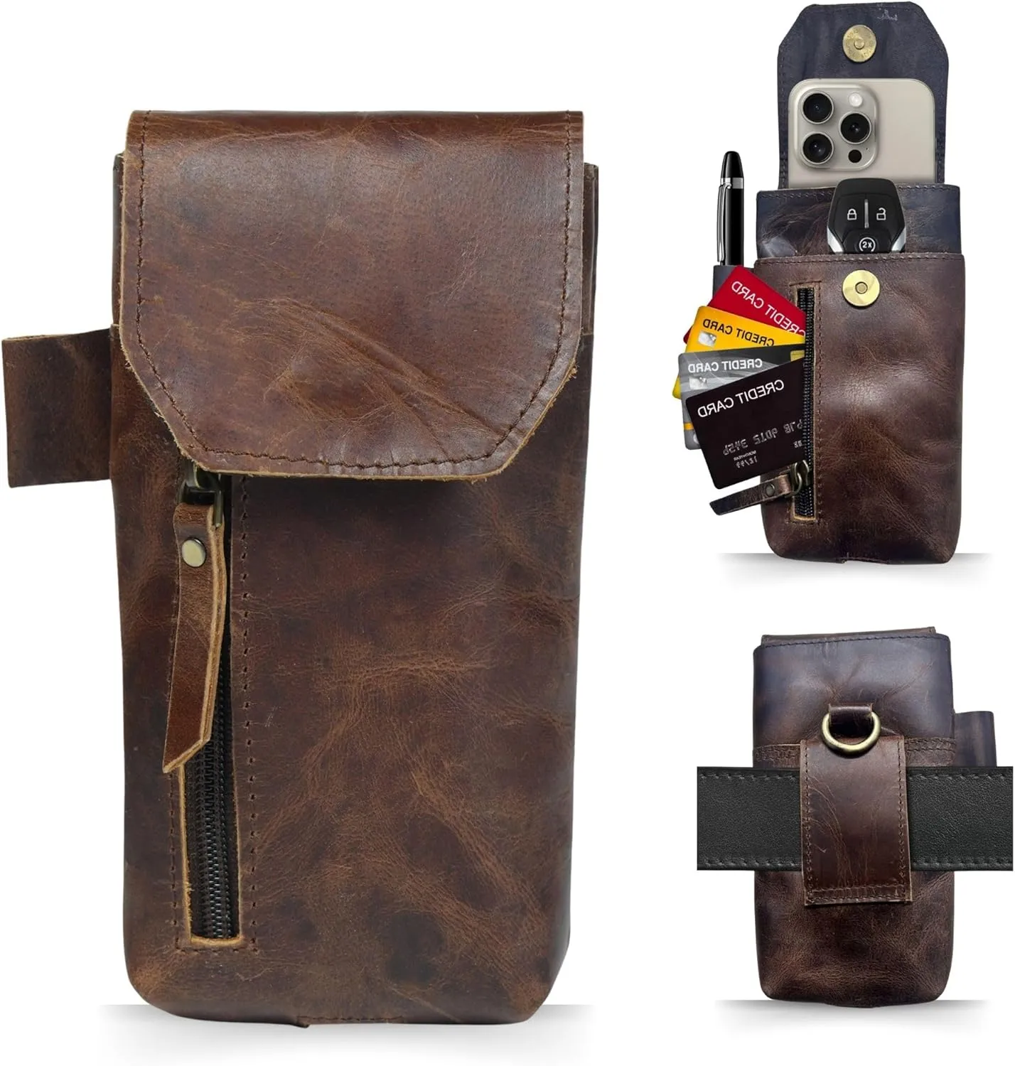 Autentico Genuine Leather Phone Holster Pouch with Belt Clip Cell Phone Cover 8X4 Magnetic Closure ID Card Holder Dark Brown Case for iPhone Samsung Galaxy Google Pixel Leather All Smart Phones