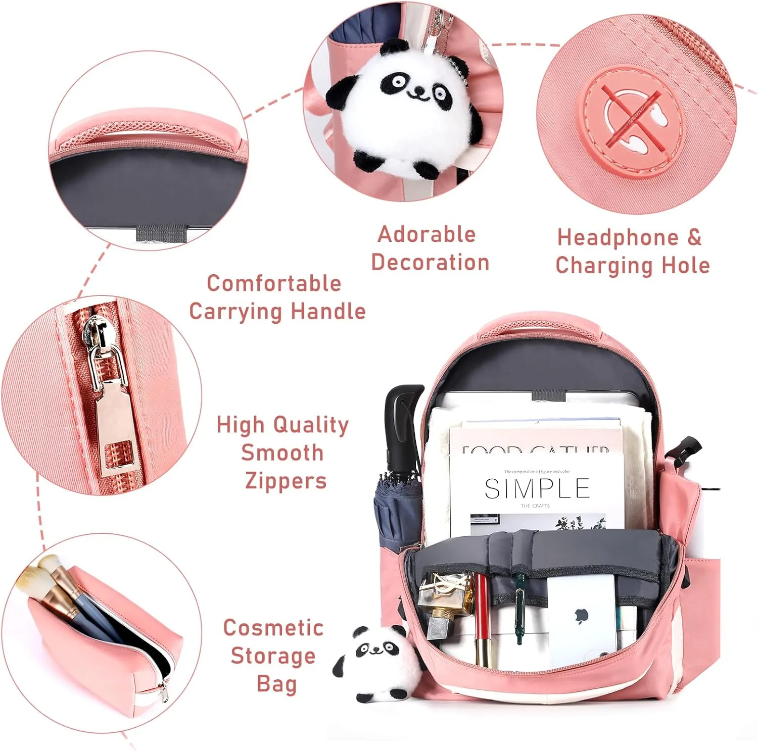 Backpack for Girls School Laptop Bag 15.6 Inch for Teenage, Women Daypack Pink Large Middle High Elementary College Student Bookbag Grade 5 6 7 8 9 10 Ages 13 14 15 16 17 18 19