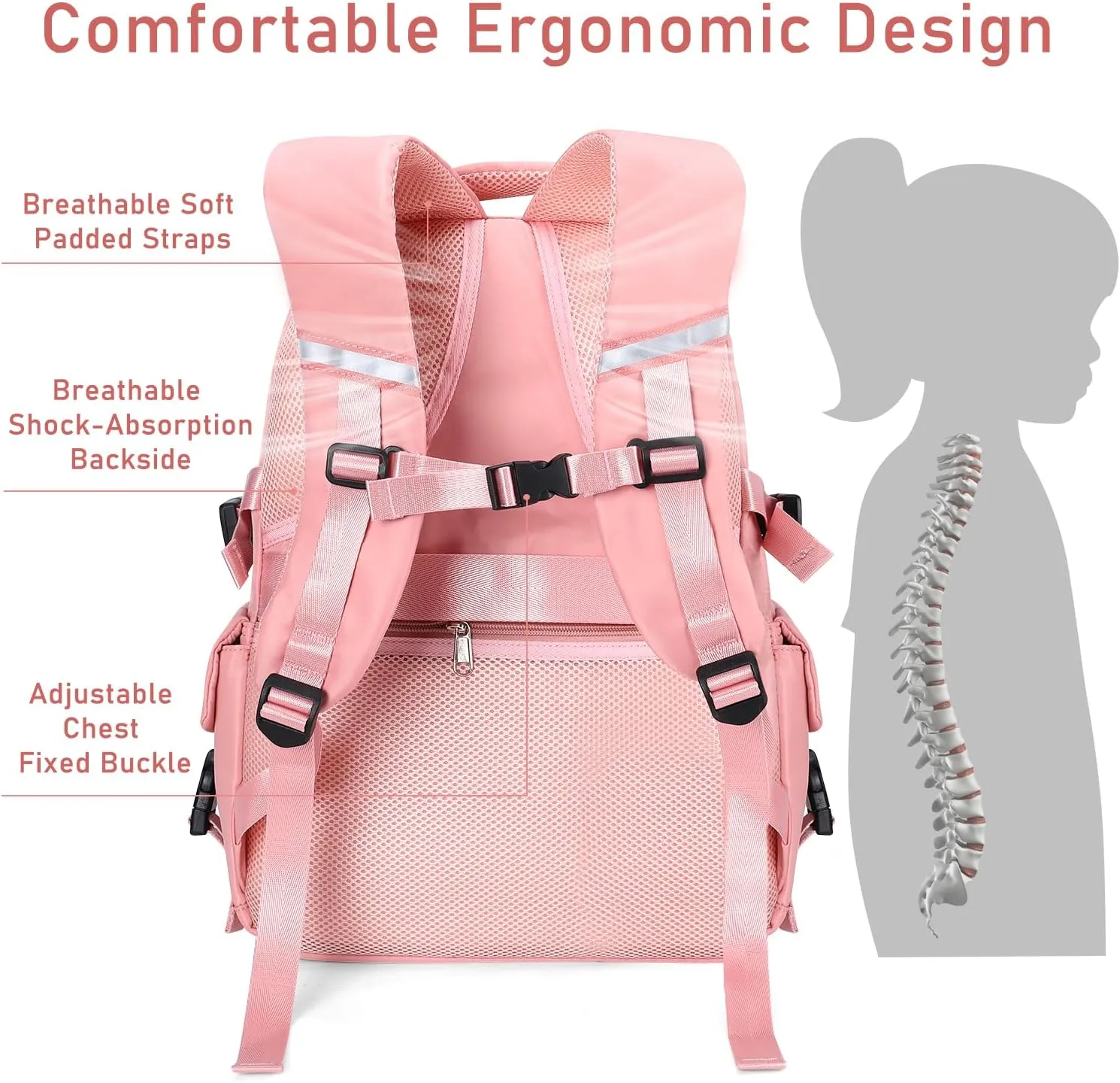 Backpack for Girls School Laptop Bag 15.6 Inch for Teenage, Women Daypack Pink Large Middle High Elementary College Student Bookbag Grade 5 6 7 8 9 10 Ages 13 14 15 16 17 18 19