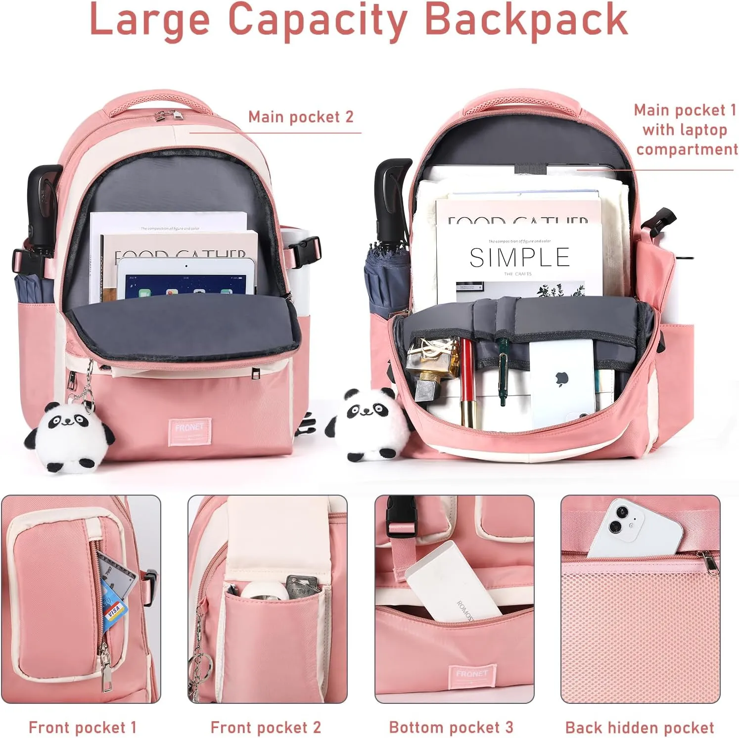 Backpack for Girls School Laptop Bag 15.6 Inch for Teenage, Women Daypack Pink Large Middle High Elementary College Student Bookbag Grade 5 6 7 8 9 10 Ages 13 14 15 16 17 18 19