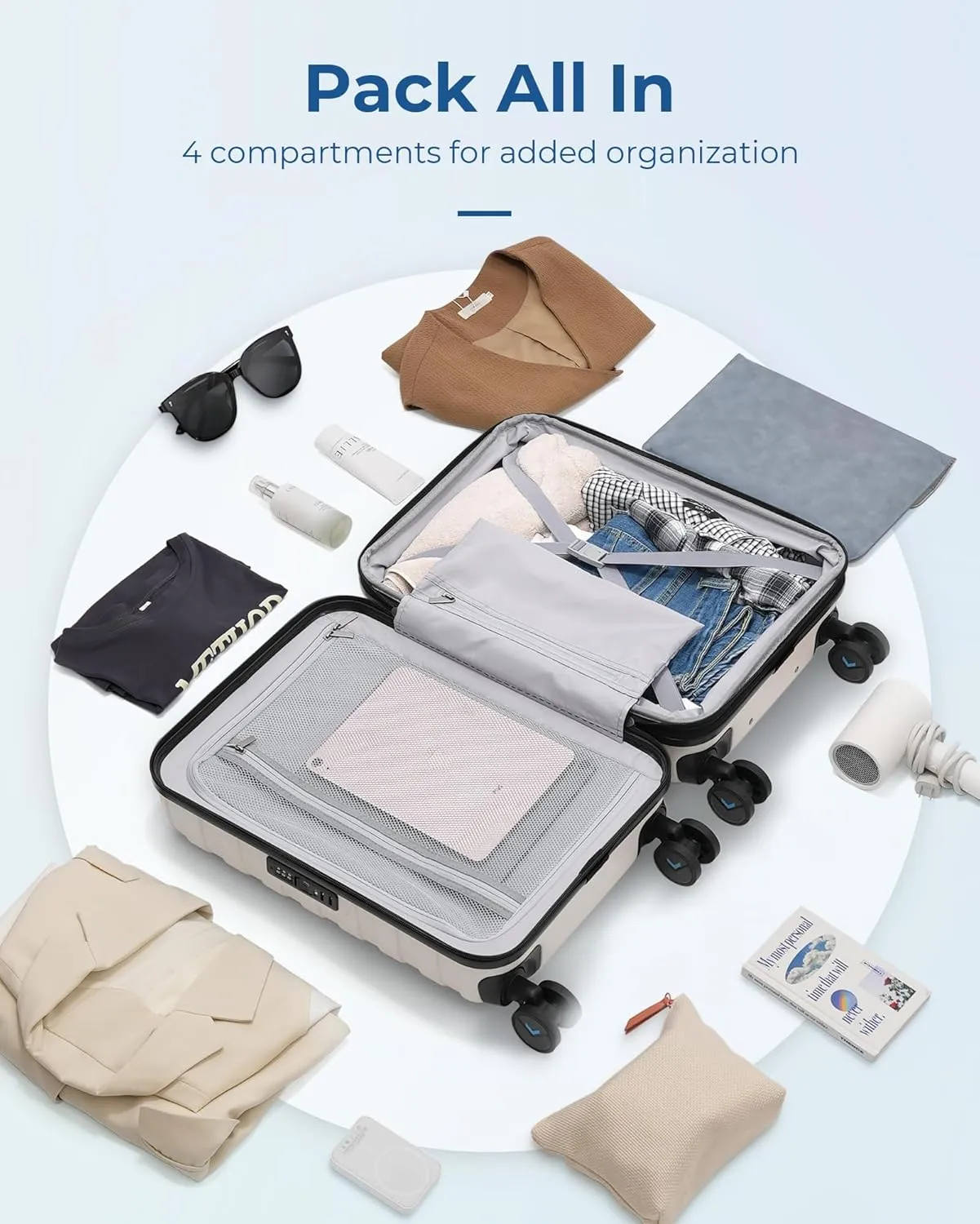 BAGSMART Carry On Luggage 22x14x9 Airline Approved with TSA Lock,20 Inch Lightweight Luggage with Spinner Wheels,100% PC Hard Shell Carry On Suitcases for Men Women,White