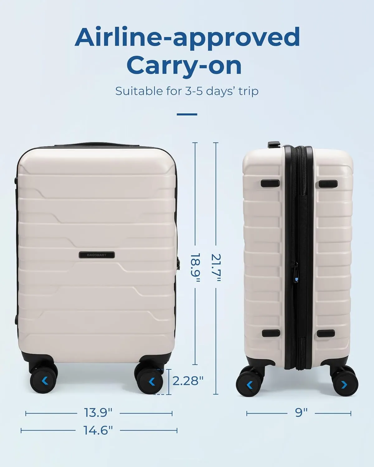 BAGSMART Carry On Luggage 22x14x9 Airline Approved with TSA Lock,20 Inch Lightweight Luggage with Spinner Wheels,100% PC Hard Shell Carry On Suitcases for Men Women,White