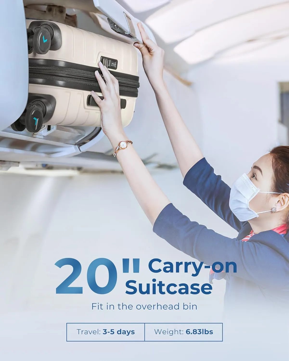 BAGSMART Carry On Luggage 22x14x9 Airline Approved with TSA Lock,20 Inch Lightweight Luggage with Spinner Wheels,100% PC Hard Shell Carry On Suitcases for Men Women,White