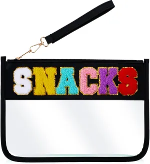 Black Snacks Bag Pouch for Travel, Clear Chenille Letter Makeup Bag Stand up Snack Bags Pouch with Wrist Strap Zipper Cosmetic Tote Bags for Women Travel