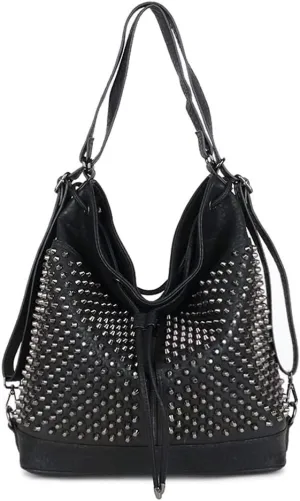 Chikencall Over-size Studded Bucket Bag for Women,3 Ways Multifunction Backpack Vegan Leather Punk Rock Rivet Large Shoulder Bag Crossbody Bag Black