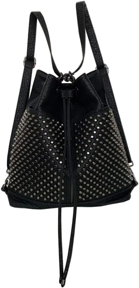 Chikencall Over-size Studded Bucket Bag for Women,3 Ways Multifunction Backpack Vegan Leather Punk Rock Rivet Large Shoulder Bag Crossbody Bag Black