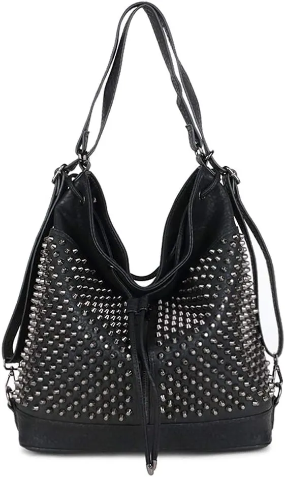 Chikencall Over-size Studded Bucket Bag for Women,3 Ways Multifunction Backpack Vegan Leather Punk Rock Rivet Large Shoulder Bag Crossbody Bag Black