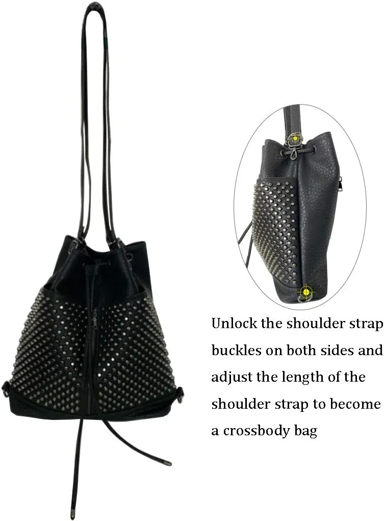 Chikencall Over-size Studded Bucket Bag for Women,3 Ways Multifunction Backpack Vegan Leather Punk Rock Rivet Large Shoulder Bag Crossbody Bag Black