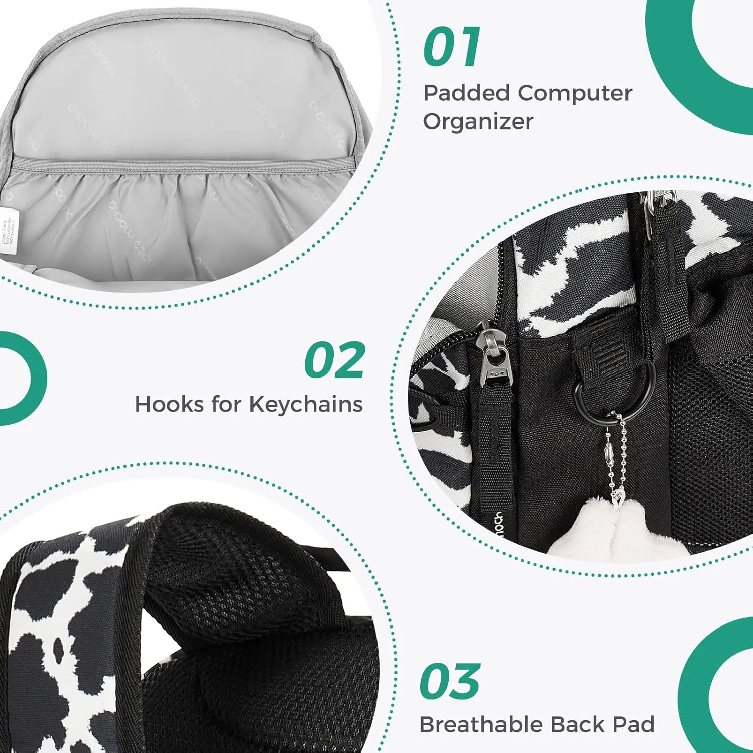 Choco Mocha Cow Print Backpack for Teen Girls, Travel School Backpack for Girls Middle School Large Bookbag 18 Inch, Black