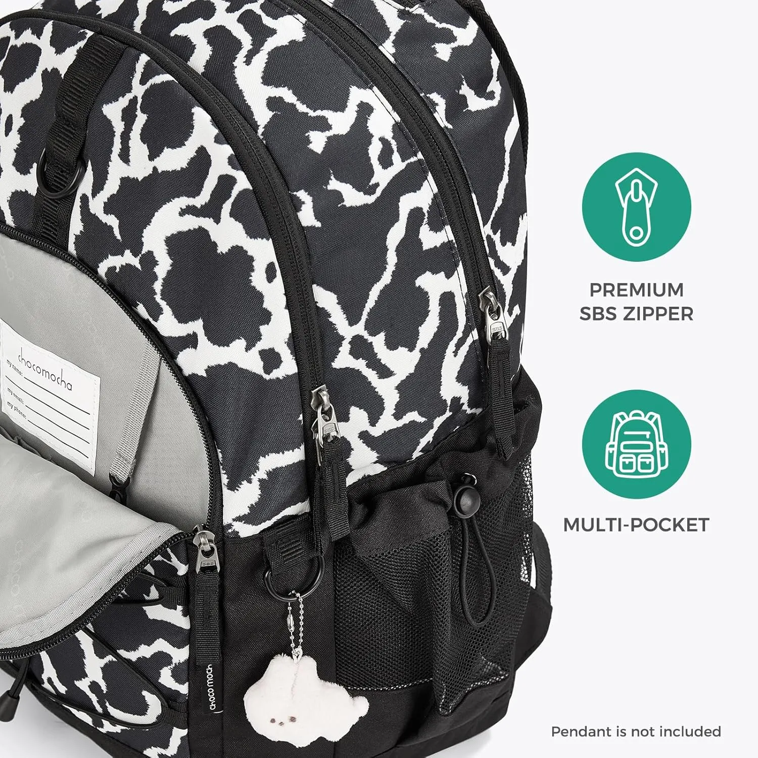 Choco Mocha Cow Print Backpack for Teen Girls, Travel School Backpack for Girls Middle School Large Bookbag 18 Inch, Black