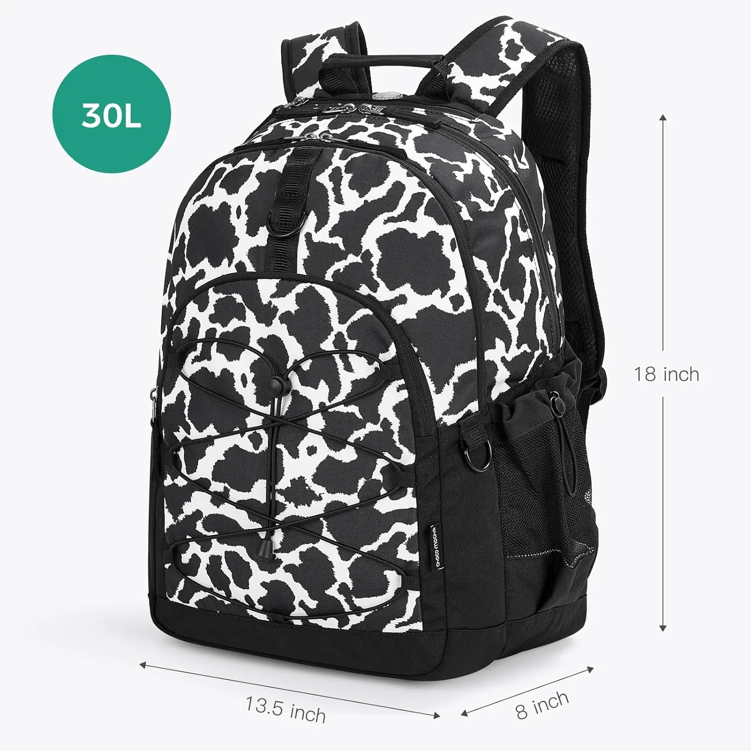 Choco Mocha Cow Print Backpack for Teen Girls, Travel School Backpack for Girls Middle School Large Bookbag 18 Inch, Black