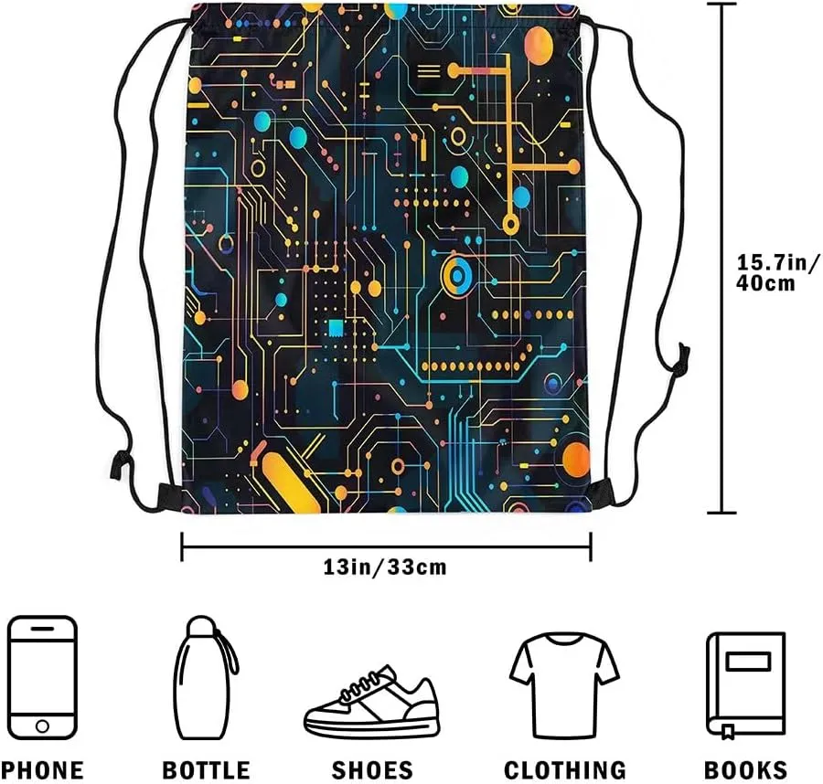 Circuit Board Drawstring Backpack,Print Chips Teal String Bag,Science and Technology Sackpack,Geometry Stripe Cinch Bag for Sport Gym Swim Yoga Camping Trip,13X15.7,Black Yellow