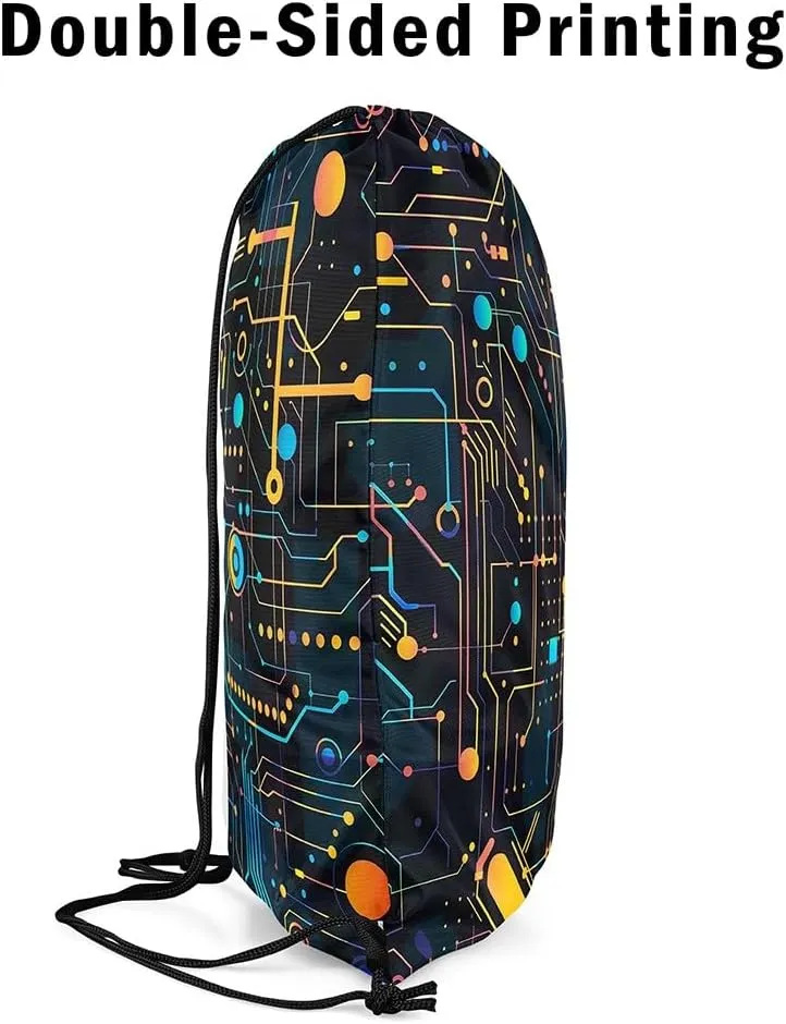 Circuit Board Drawstring Backpack,Print Chips Teal String Bag,Science and Technology Sackpack,Geometry Stripe Cinch Bag for Sport Gym Swim Yoga Camping Trip,13X15.7,Black Yellow