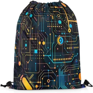 Circuit Board Drawstring Backpack,Print Chips Teal String Bag,Science and Technology Sackpack,Geometry Stripe Cinch Bag for Sport Gym Swim Yoga Camping Trip,13X15.7,Black Yellow