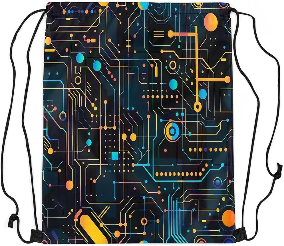 Circuit Board Drawstring Backpack,Print Chips Teal String Bag,Science and Technology Sackpack,Geometry Stripe Cinch Bag for Sport Gym Swim Yoga Camping Trip,13X15.7,Black Yellow