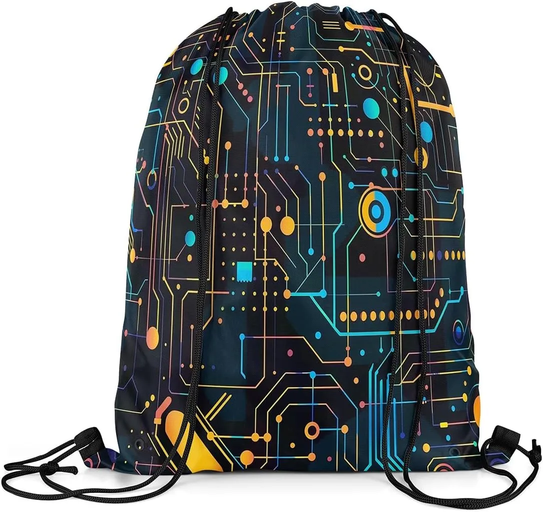 Circuit Board Drawstring Backpack,Print Chips Teal String Bag,Science and Technology Sackpack,Geometry Stripe Cinch Bag for Sport Gym Swim Yoga Camping Trip,13X15.7,Black Yellow
