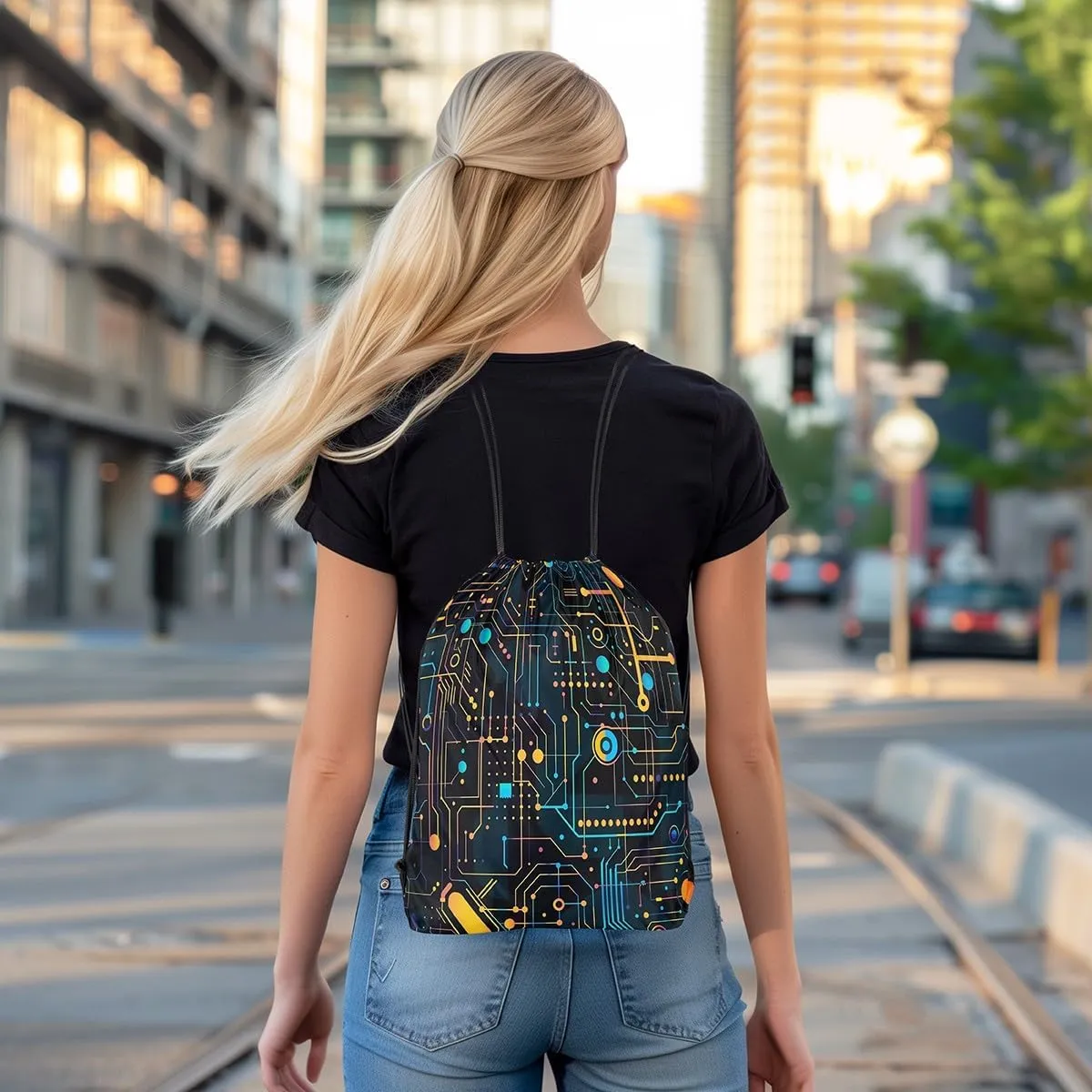 Circuit Board Drawstring Backpack,Print Chips Teal String Bag,Science and Technology Sackpack,Geometry Stripe Cinch Bag for Sport Gym Swim Yoga Camping Trip,13X15.7,Black Yellow