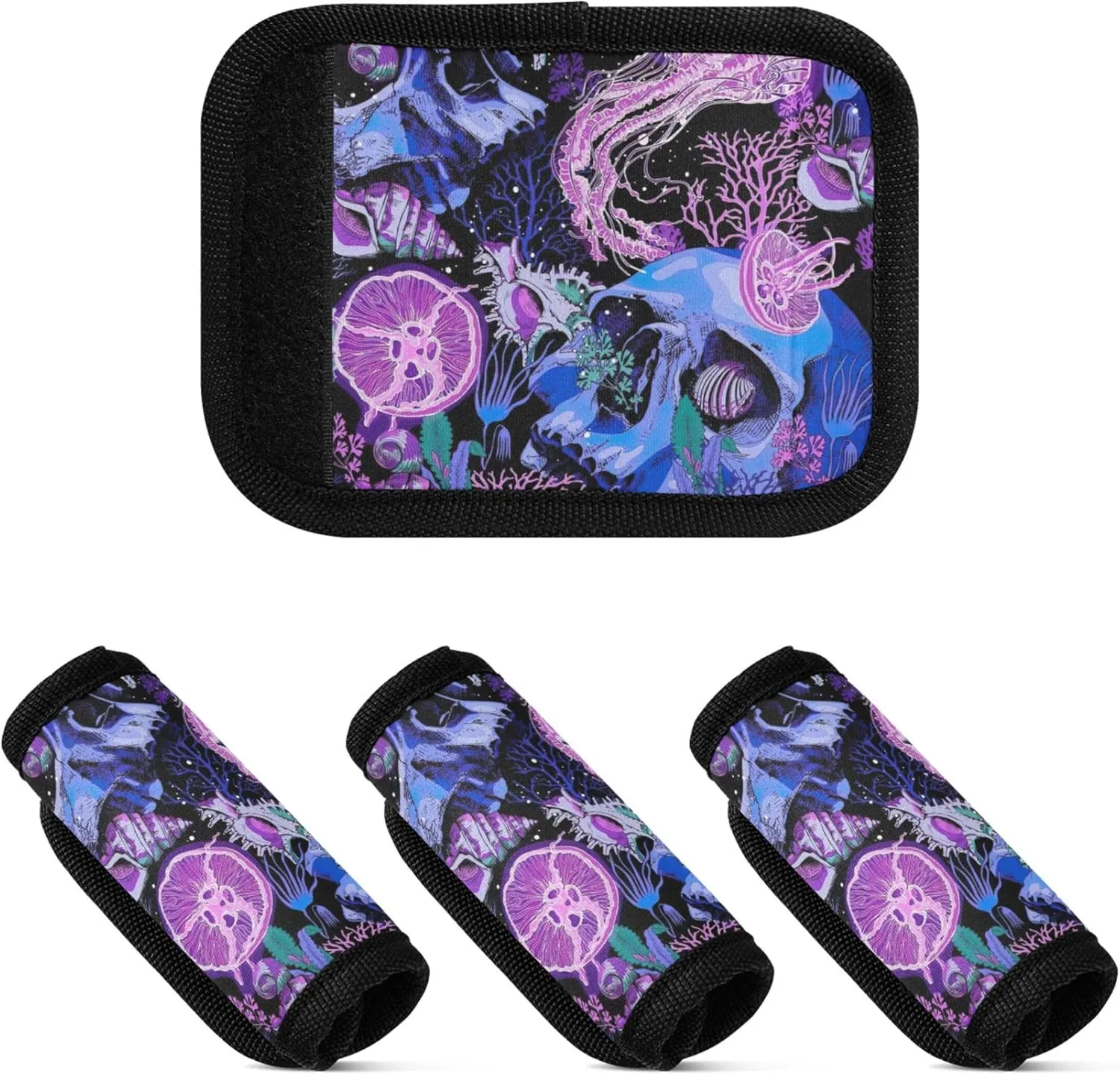 Custom Bright Psychedelic Skulls Luggage Bag Handle Wrap Velcro Neon Suitcases Luggage Identifiers Unique Luggage Tags & Handle Wraps, 2 Pack
