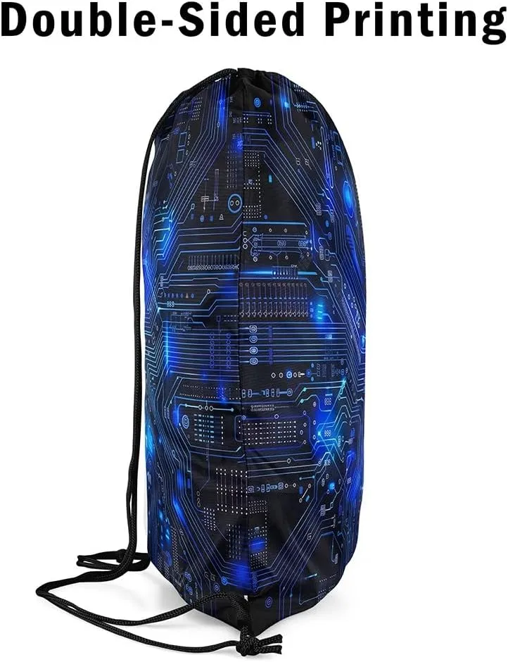 Erosebridal Circuit Board Draw String Back Bag 13x15.7,3D Print Chips Drawstring Backpack,Abstract Art Design Drawstring Bags Blue Black String Backpack