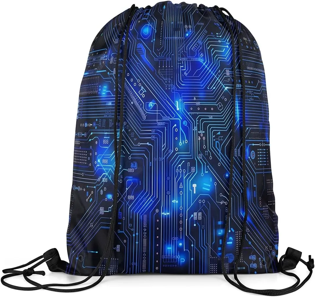 Erosebridal Circuit Board Draw String Back Bag 13x15.7,3D Print Chips Drawstring Backpack,Abstract Art Design Drawstring Bags Blue Black String Backpack