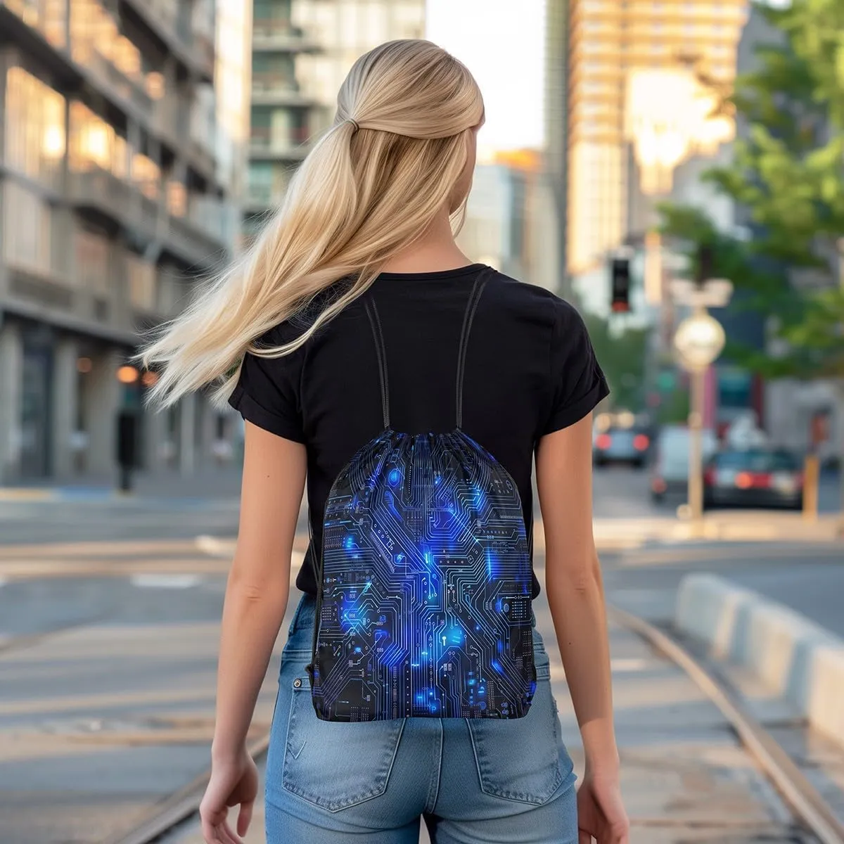 Erosebridal Circuit Board Draw String Back Bag 13x15.7,3D Print Chips Drawstring Backpack,Abstract Art Design Drawstring Bags Blue Black String Backpack