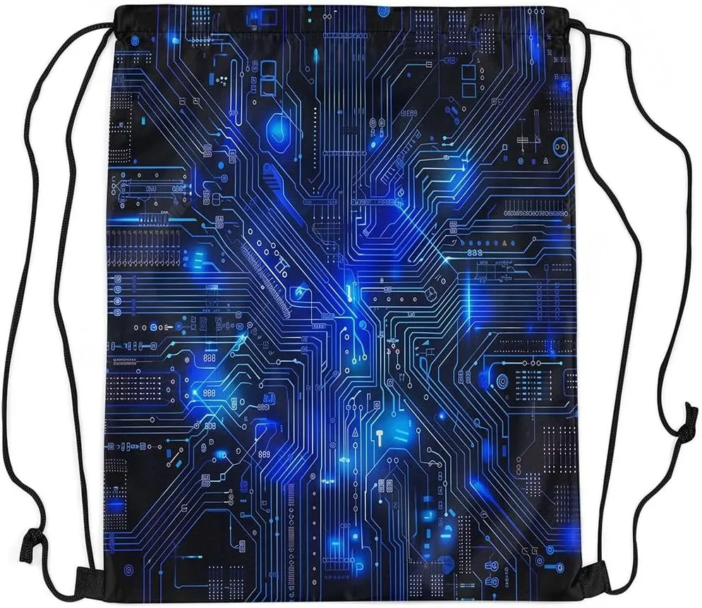 Erosebridal Circuit Board Draw String Back Bag 13x15.7,3D Print Chips Drawstring Backpack,Abstract Art Design Drawstring Bags Blue Black String Backpack