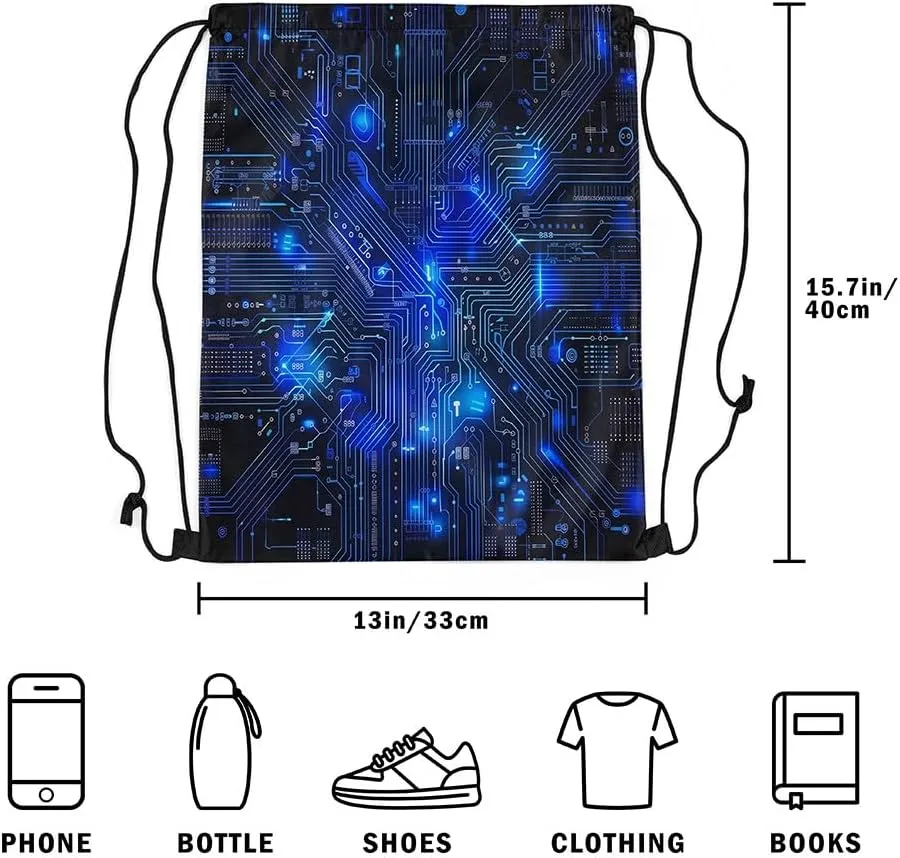 Erosebridal Circuit Board Draw String Back Bag 13x15.7,3D Print Chips Drawstring Backpack,Abstract Art Design Drawstring Bags Blue Black String Backpack