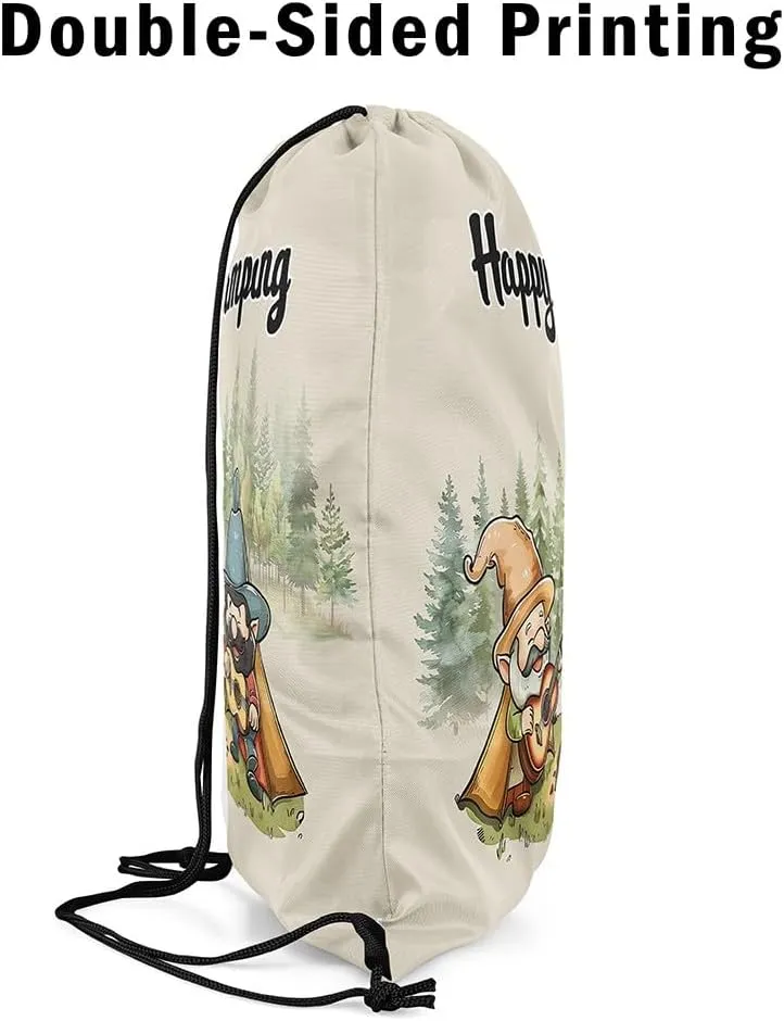 Erosebridal Happy Camping Drawstring Backpack 13 x 15.7 inch for Travel Trailers,Rustic Camper Drawstring Bag,Cartoon Gnomes Draw String Back Bag,Farmhouse Campfires Pines Tree String Backpack