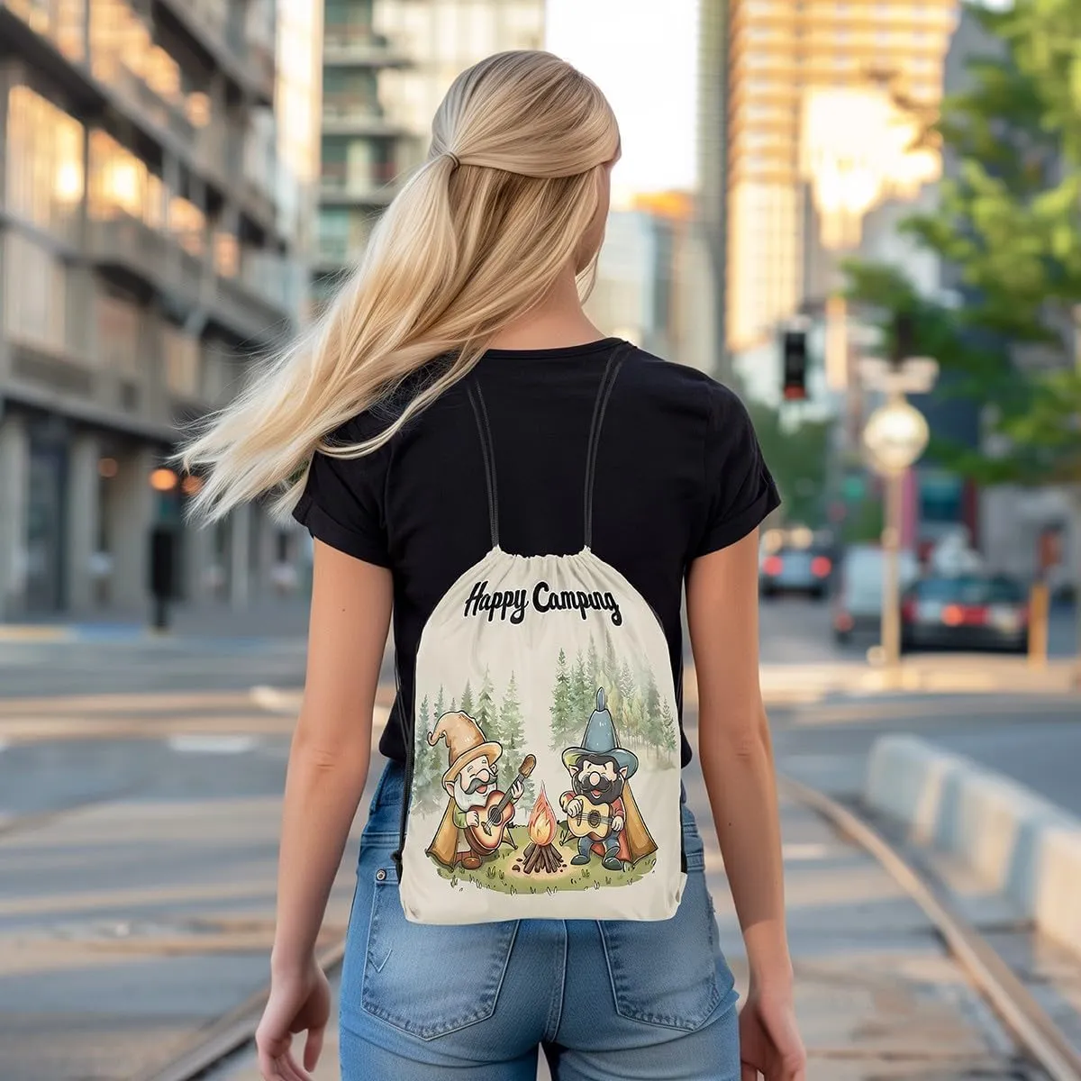 Erosebridal Happy Camping Drawstring Backpack 13 x 15.7 inch for Travel Trailers,Rustic Camper Drawstring Bag,Cartoon Gnomes Draw String Back Bag,Farmhouse Campfires Pines Tree String Backpack