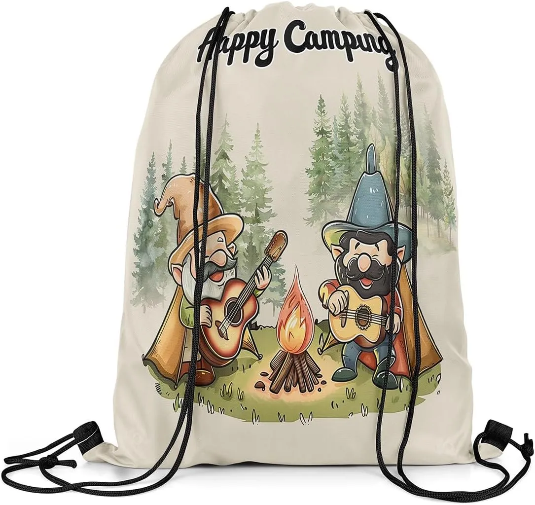 Erosebridal Happy Camping Drawstring Backpack 13 x 15.7 inch for Travel Trailers,Rustic Camper Drawstring Bag,Cartoon Gnomes Draw String Back Bag,Farmhouse Campfires Pines Tree String Backpack