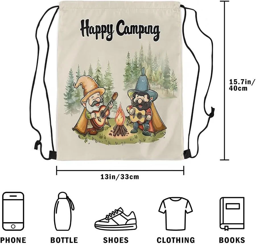 Erosebridal Happy Camping Drawstring Backpack 13 x 15.7 inch for Travel Trailers,Rustic Camper Drawstring Bag,Cartoon Gnomes Draw String Back Bag,Farmhouse Campfires Pines Tree String Backpack