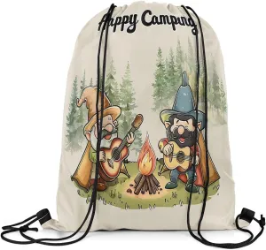 Erosebridal Happy Camping Drawstring Backpack 13 x 15.7 inch for Travel Trailers,Rustic Camper Drawstring Bag,Cartoon Gnomes Draw String Back Bag,Farmhouse Campfires Pines Tree String Backpack