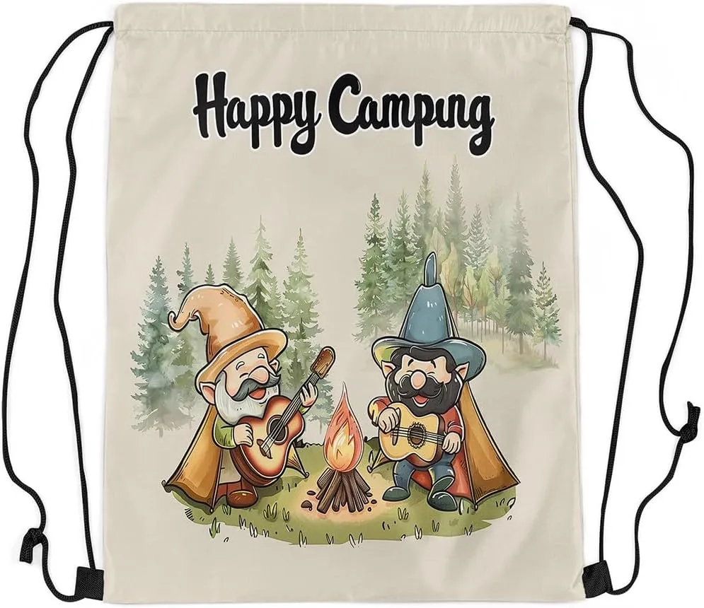 Erosebridal Happy Camping Drawstring Backpack 13 x 15.7 inch for Travel Trailers,Rustic Camper Drawstring Bag,Cartoon Gnomes Draw String Back Bag,Farmhouse Campfires Pines Tree String Backpack