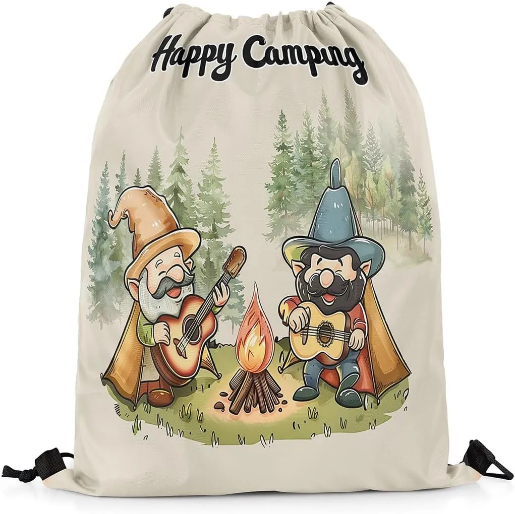 Erosebridal Happy Camping Drawstring Backpack 13 x 15.7 inch for Travel Trailers,Rustic Camper Drawstring Bag,Cartoon Gnomes Draw String Back Bag,Farmhouse Campfires Pines Tree String Backpack