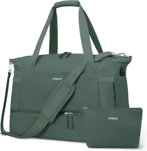 ETRONIK Gym Bag for Women, 47L Carry On Travel Duffel Bag with Shoes Compartment, Weekender Overnight Bag with Wet Pocket & USB Charging Port for Women, Travel, Gym, Weekend, Large Size (Dark Green)