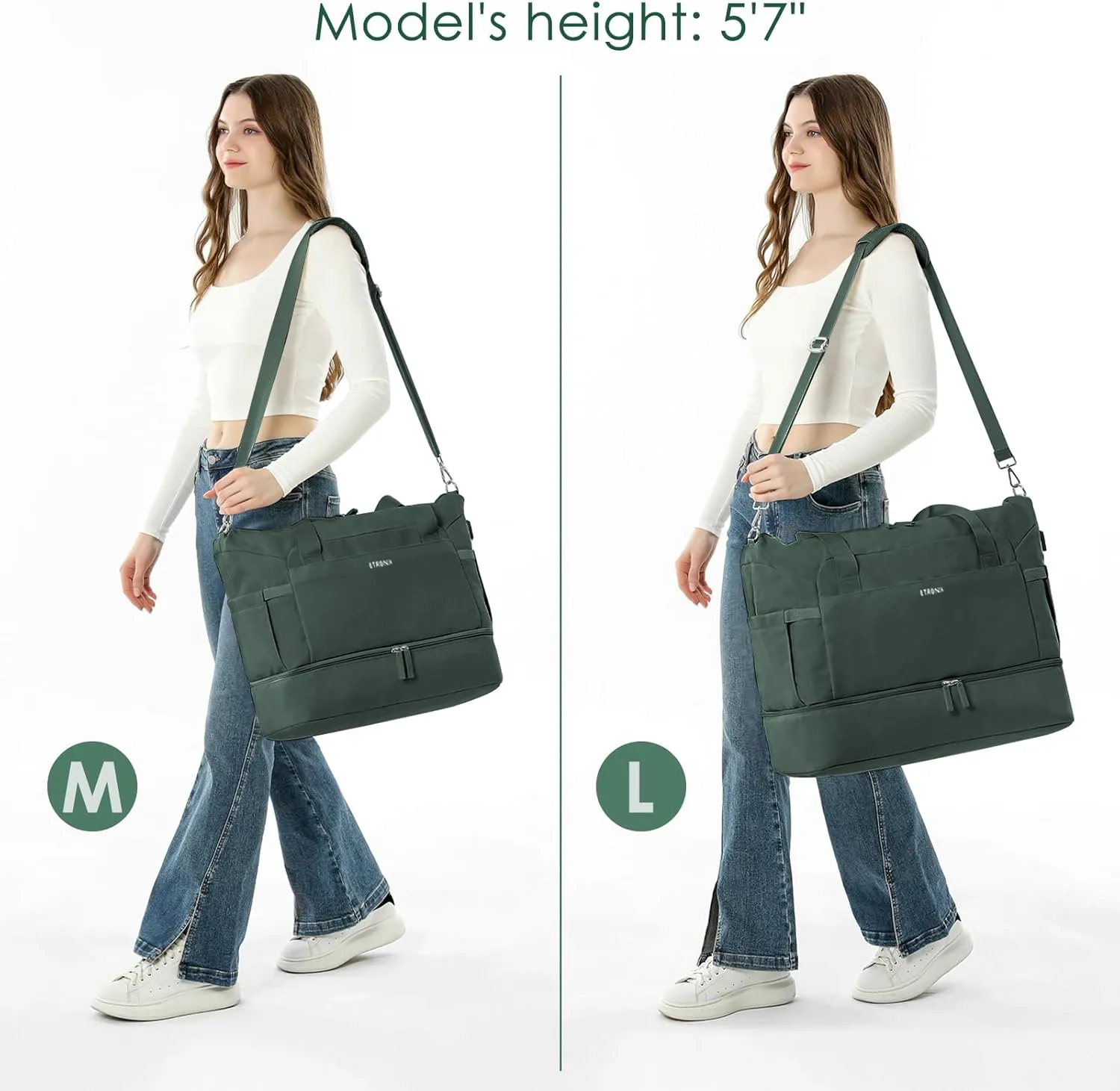 ETRONIK Gym Bag for Women, 47L Carry On Travel Duffel Bag with Shoes Compartment, Weekender Overnight Bag with Wet Pocket & USB Charging Port for Women, Travel, Gym, Weekend, Large Size (Dark Green)