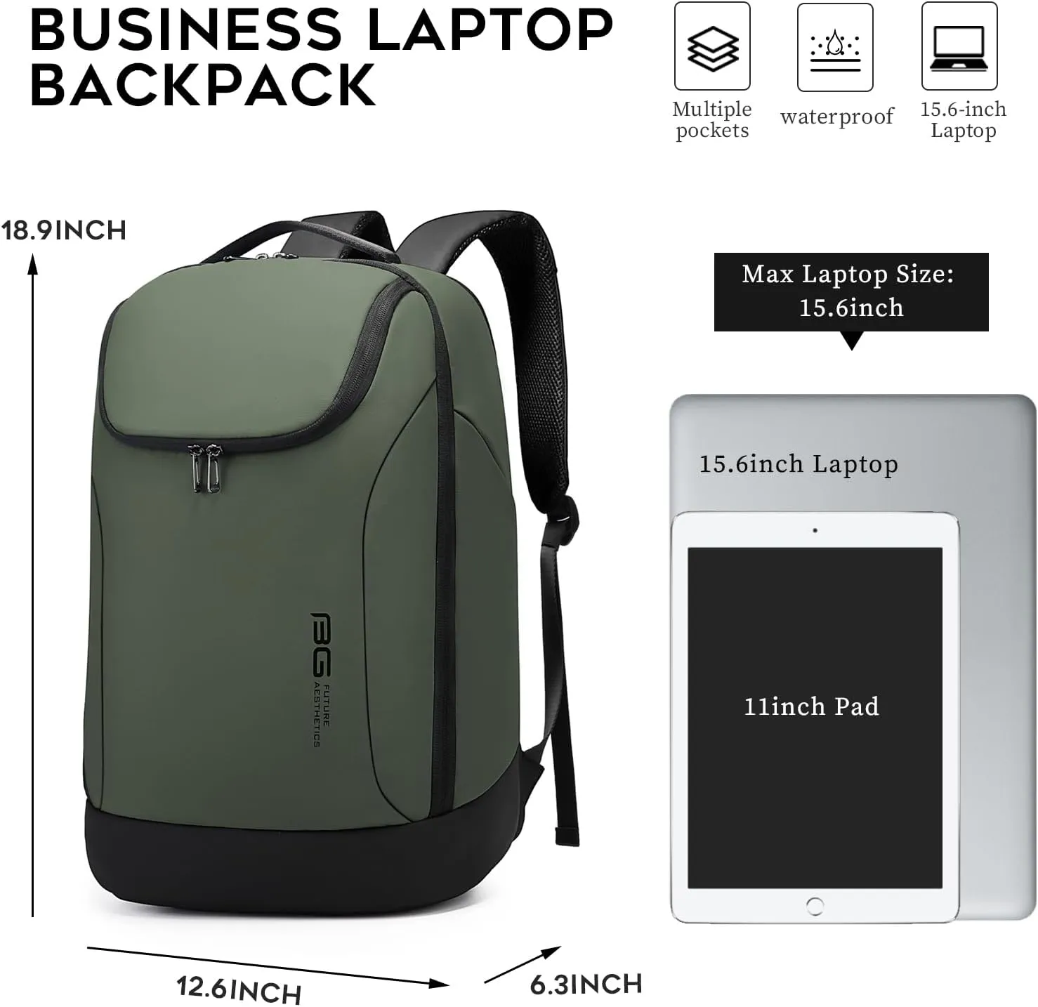 FUTURE AESTHETICS Business Smart Backpack Waterproof for women,men,Fight Approved Durable Backpack suitable as overnight and travel backpack (Green)