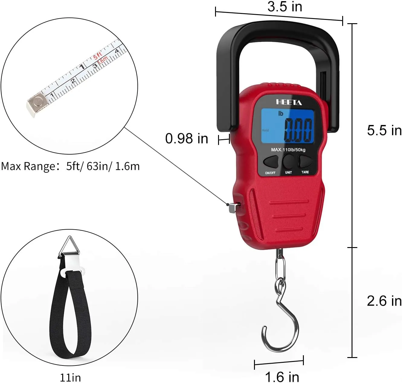 HEETA Fish Scale with Backlit LCD Display, Up to 110lb/50kg Digital Portable Hanging Fish Weight Scale with Hook & Measuring Tape for Home, Farm, Outdoor, Hunting, Fishing, 2 AAA Batteries Included