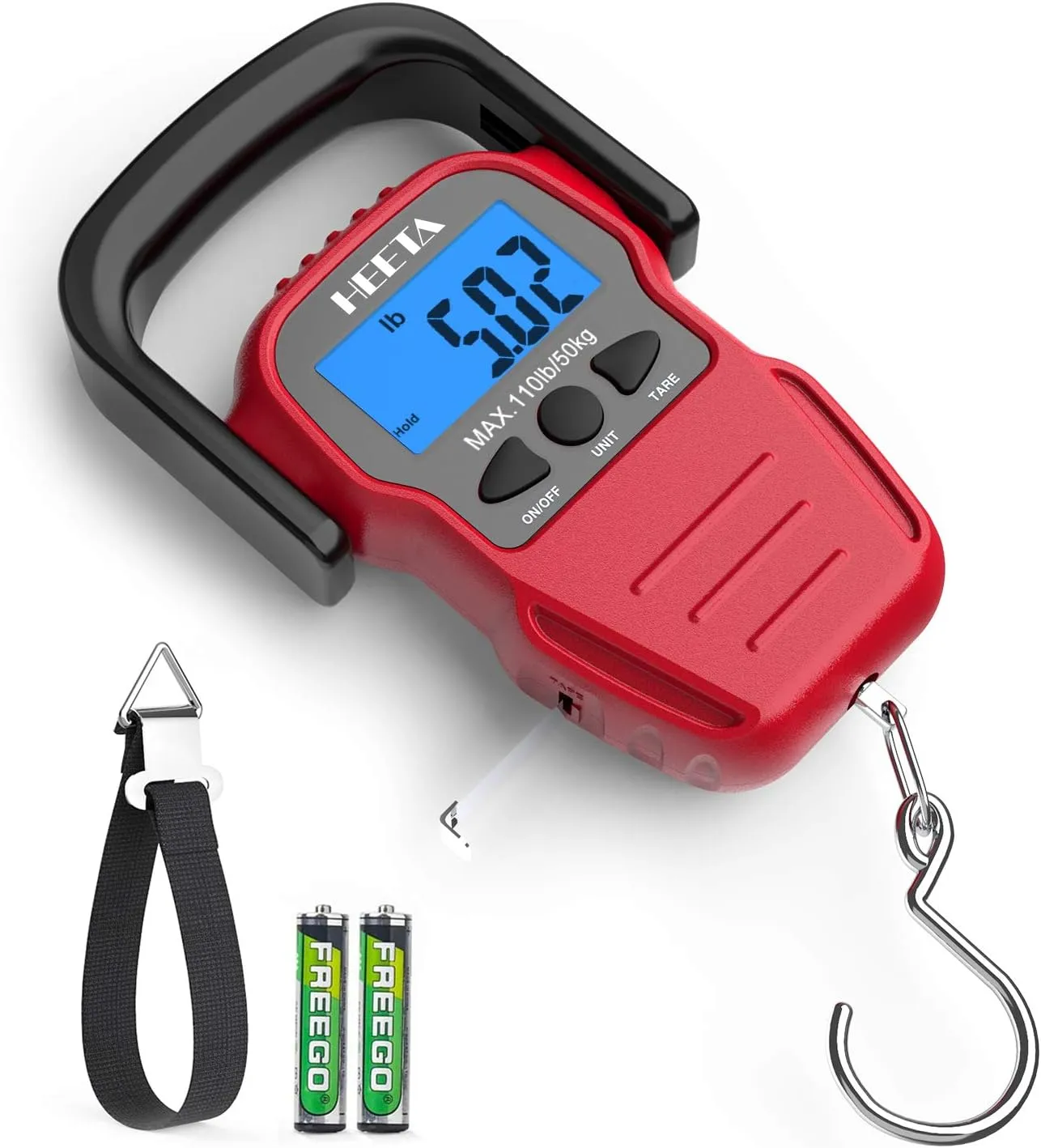 HEETA Fish Scale with Backlit LCD Display, Up to 110lb/50kg Digital Portable Hanging Fish Weight Scale with Hook & Measuring Tape for Home, Farm, Outdoor, Hunting, Fishing, 2 AAA Batteries Included