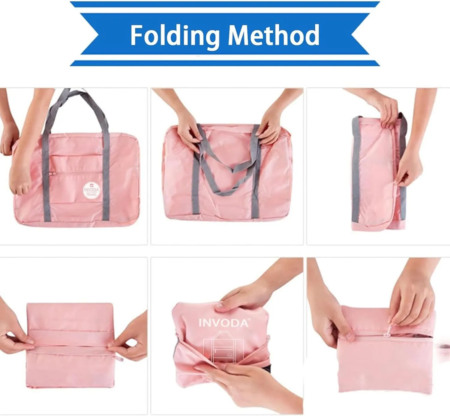 INVODA Travel Duffel Bag for Women Men Foldable Luggage Bags Sports Gym Bag Spirit Airlines Personal Item Carry on Weekender Overnight Bag (Blue Pink)
