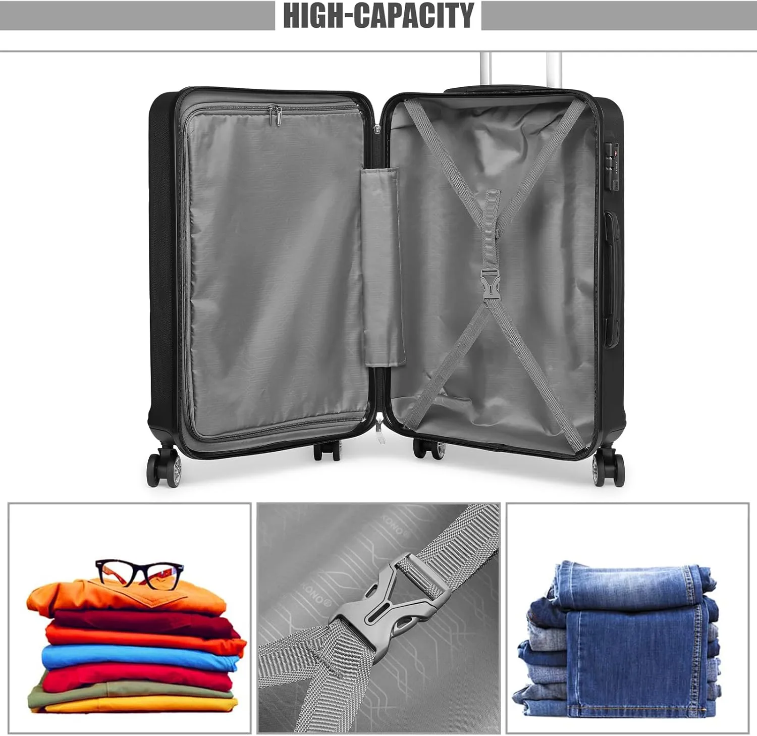 Kono 20'' Carry on Luggage Lightweight with Spinner Wheel TSA Lock Hardside Luggage Airline Approved Carry on Suitcase Black